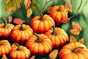 Autumn is coming.Colorful and sweet pumpkins.Fallen leaves in soft colors.Watercolor illustration work on the theme of autumn. Background printing.Autumn vibes.