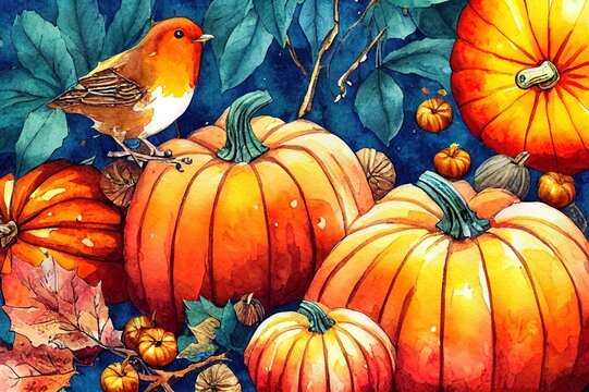 Pumpkin autumn arrangement with birds. Watercolor illustration. Hand drawn rustic festive decor. Robin birds on pumpkin, flower, berries, autumn leaves. Thanksgiving harvest element. White background
