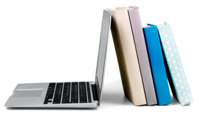 Laptop and books isolated on white background. Modern education and on-line learning