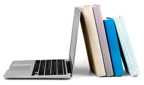 Laptop and books isolated on white background. Modern education and on-line learning