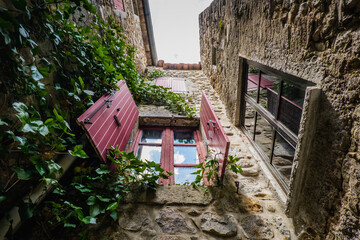 Red shutters, vine and stone facade of a medieval house in the village of Labeaume in the South of France (Ardeche)