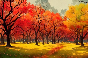 Fall autumn watercolor landscape country house landscape
