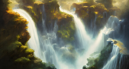 Illustration of Beautiful Waterfall Landscape - obrazy, fototapety, plakaty