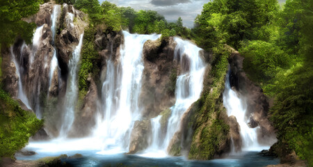 Obraz premium Illustration of Beautiful Waterfall Landscape