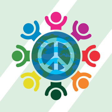 People icons around an earth globe with peace symbol Vector