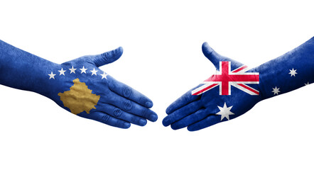 Handshake between Australia and Kosovo flags painted on hands, isolated transparent image.