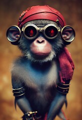 Porträt eines brutalen Affenpiraten. Mittelalterlicher Piratenaffe in einem Vintage-Kostüm vor einem Waldhintergrund. 3D-Rendering. © designprojects