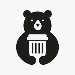 Initial Bear Recycle Bin Logo Negative Space Vector Template. Bear Holding Trash Symbol