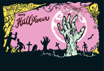 vector Illustration scary monster hand with zombies on cemetery. Illustration can be used for children's holiday design, cards, invitations, banner, template