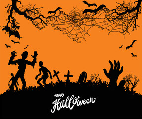 vector Illustration scary monster hand with zombies on cemetery. Illustration can be used for children's holiday design, cards, invitations, banner, template