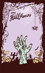 vector Illustration scary monster hand with zombies on cemetery. Illustration can be used for children's holiday design, cards, invitations, banner, template