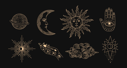 Set of linear vector illustrations. Hand drawn celestial illustrations depicting the sun, moon, planet, clouds. design elements for decoration in a modern style. magic drawings. - obrazy, fototapety, plakaty