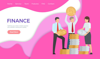 Finance, optimize online content, increase website ranking and visibility. Vector web poster with co workers gathering profit together, business people