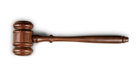 Wooden gavel on wooden table, on  background