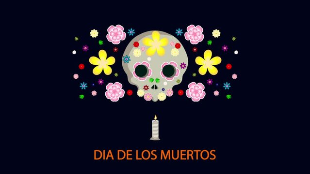 DIA DE LOS MUERTOS day dead skull with flowers, art video illustration.