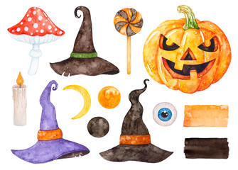 Watercolor halloween set, pumpkin, witch hats, fly agaric, candle etc. on withe background.