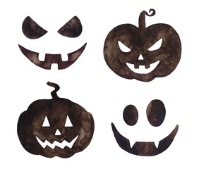 Watercolor halloween pumpkin set, smiling and scary pumpkins, black silhouettes on white background.