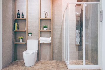 Beautiful luxury vintage empty bathtub  Freestanding white bath. bathroom is beautifully.