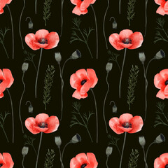 Watercolor seamless pattern with red poppies on a dark backdrop.