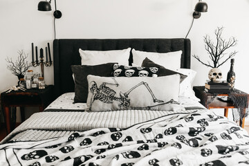 Spooky halloween decorated bedroom.