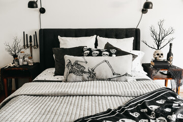 Spooky halloween decorated bedroom.