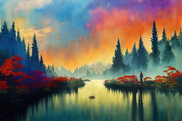 Watercolor fantasy landscape with autumn trees lake magic house beautiful forest hand drawn nature illustration painting with river water fishing outdoors relaxation art with nice colors