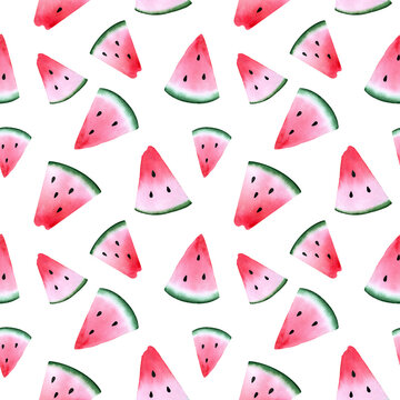 Watercolor seamless pattern with ripe and juicy watermelon slices.
