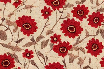 Embroidery floral seamless pattern on linen cloth texture for textile, home decor, fashion, fabric. Stitches imitation