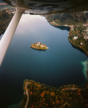 Great View Of The Island Of Bled From A Plane In Autumn Time. 