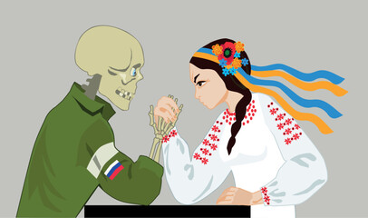 Сoncept of military confrontation between Ukraine and Russia. A Ukrainian girl fights death in a Russian military uniform.