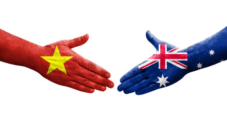 Handshake between Australia and Vietnam flags painted on hands, isolated transparent image.