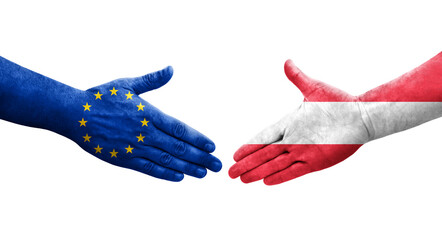 Handshake between Austria and European Union flags painted on hands, isolated transparent image.