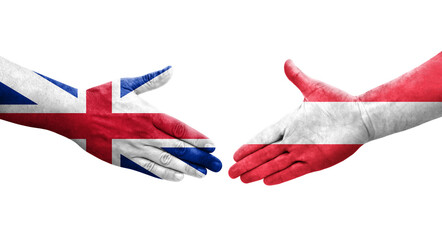Handshake between Austria and Great Britain flags painted on hands, isolated transparent image.