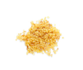 Pile of uncooked bulgur isolated on white, top view