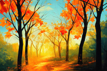 Naklejka na ściany i meble Autumn forest , orange leaves.Original landscape painting with oil paints.