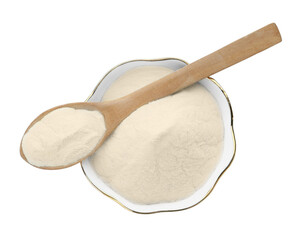 Bowl and spoon of agar-agar powder isolated on white, top view