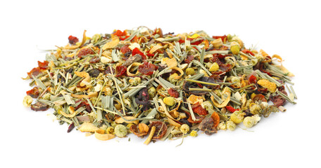 Pile of aromatic herbal tea isolated on white