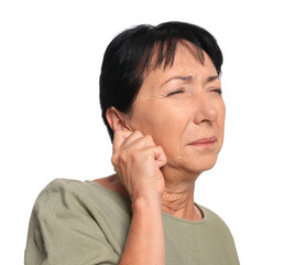 Fototapeta premium Senior woman suffering from ear pain on white background