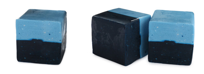 Set with toilet bowl cleaning cubes on white background. Banner design