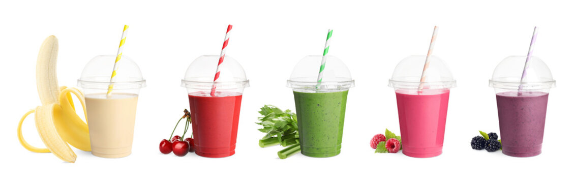 Different delicious smoothies in plastic cups on white background, collage. Banner design