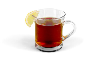 Tea with sliced lemon on background