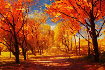 Naklejka na ściany i meble Oil painting on canvas. Autumn landscape. Modern impressionism