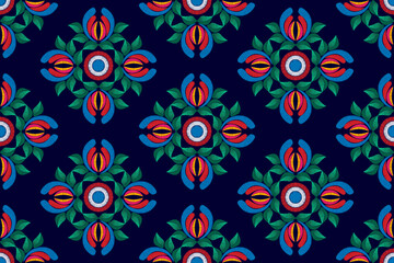 Ikat ethnic seamless pattern decoration design. Aztec fabric carpet boho mandalas textile decor wallpaper. Tribal native motif ornaments traditional embroidery vector background 