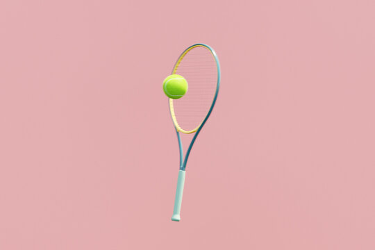 Tennis racket hitting a green tennis ball 