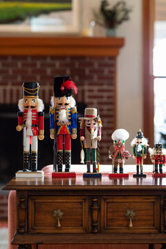 Row of Nutcracker Toys in Home during Christmas 
