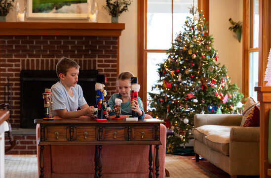 Family lifestyle kids with Nutcracker Toys in Home during Christmas 