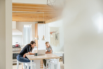 Mother And Son At Laptop In Kitchen