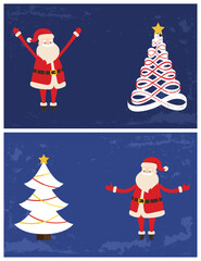 Vector abstract spruces, topped by star. Merry and bright greeting card with Santa holding hands up. Christmas and New Year 2019 postcard, Xmas tree.