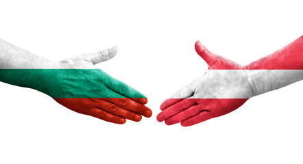 Handshake between Austria and Bulgaria flags painted on hands, isolated transparent image.