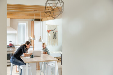 Mother And Daugher At Laptop In Kitchen